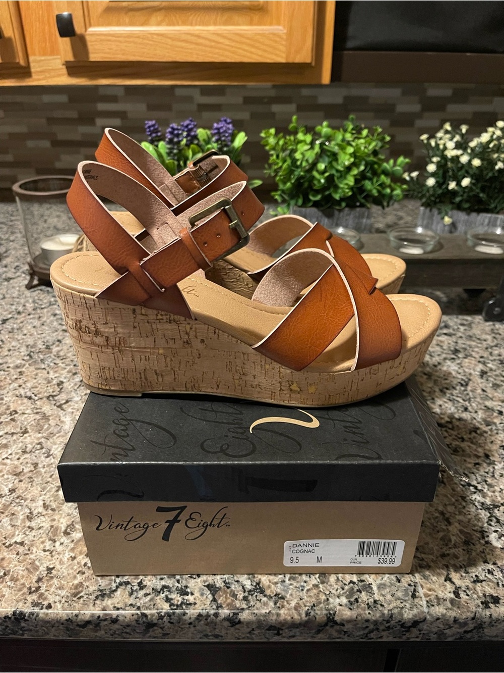 Vintage 7 Eight Dannie Cognac Crisscross Cork Wedge Sandals